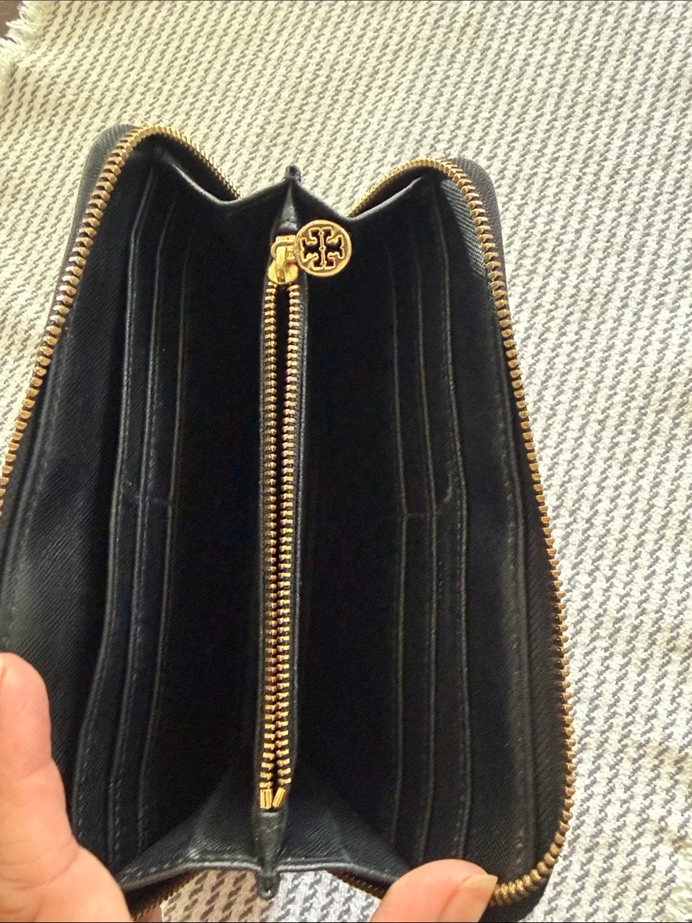 Tory Burch Black Leather Zip Around Wallet with Gold Logo